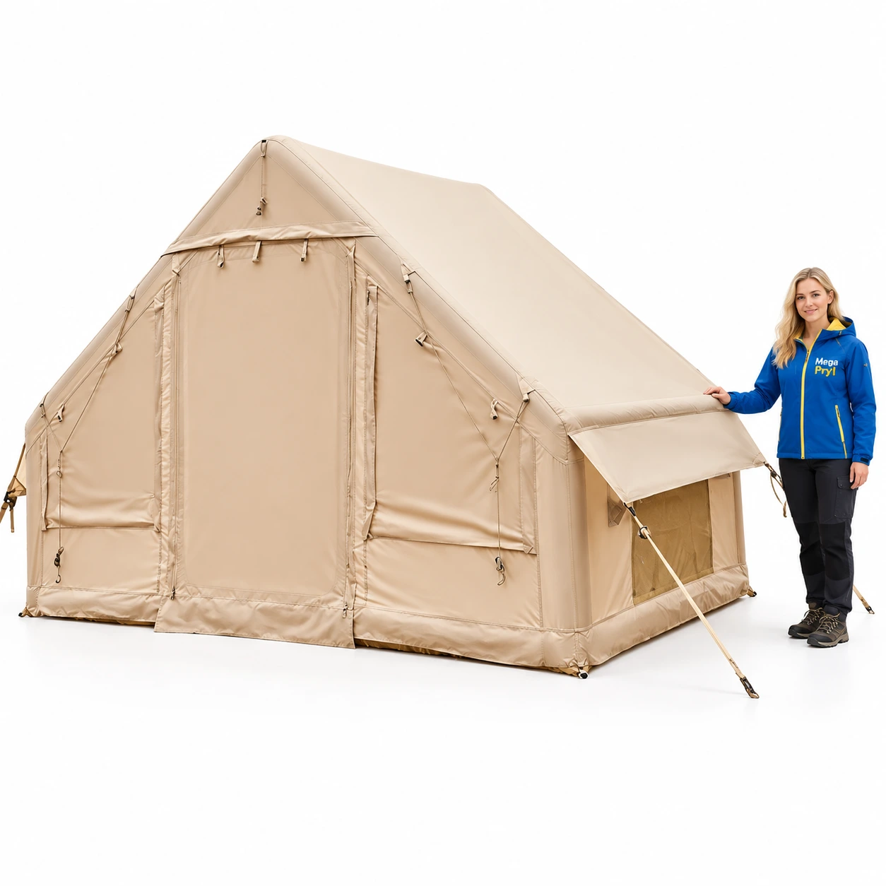 Uppblåsbart campingtält i khaki med ståhöjd 300 x 210 x 200 cm