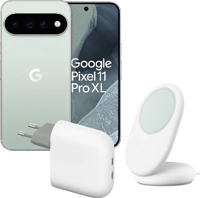 Google Pixel 11 Pro XL 256GB Fog + Google Pixelsnap med ställ / Qi2 Snow + Google Pixel Flex USB-C-snabbladdare / 67W Snow