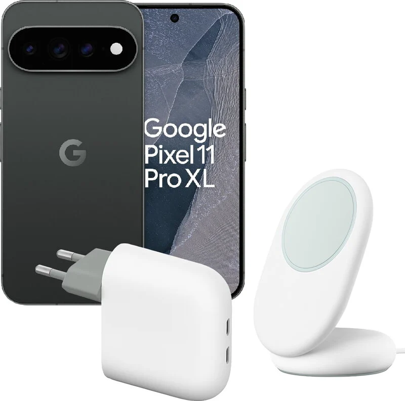 Google Pixel 11 Pro XL 256GB Obsidian + Google Pixelsnap med ställ / Qi2 Snow + Google Pixel Flex USB-C-snabbladdare / 67W Snow