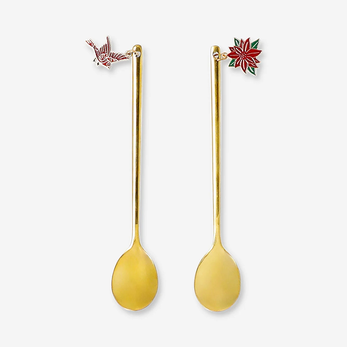 Guldfärgade skedar med julfågel- och julstjärnedekorationer - 2 st