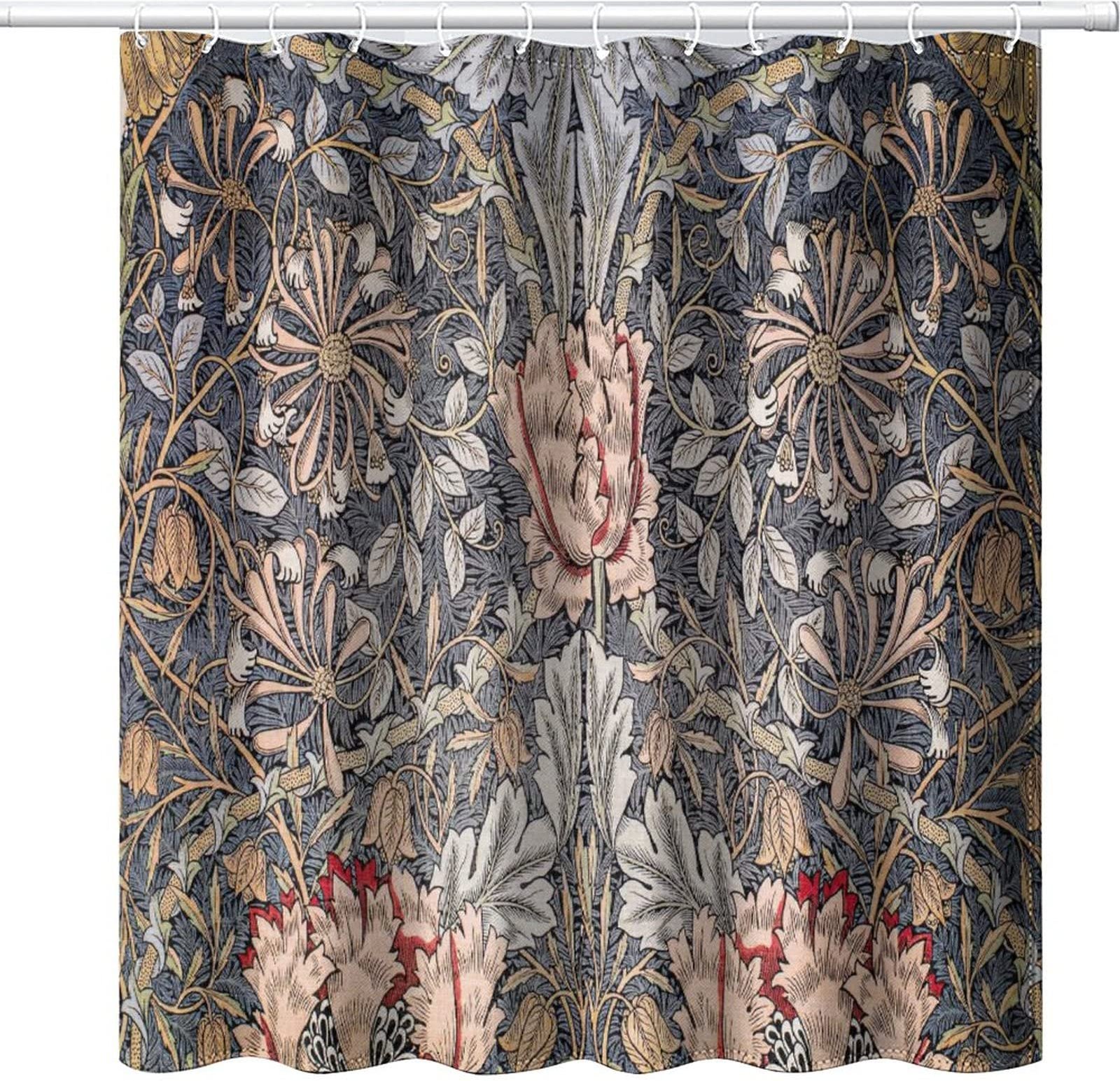 William Morris Vintage Trädgårdskonst Floral Duschdraperi, Tungviktstyg, Tvättbara Badrumsgardiner W300xH180cm