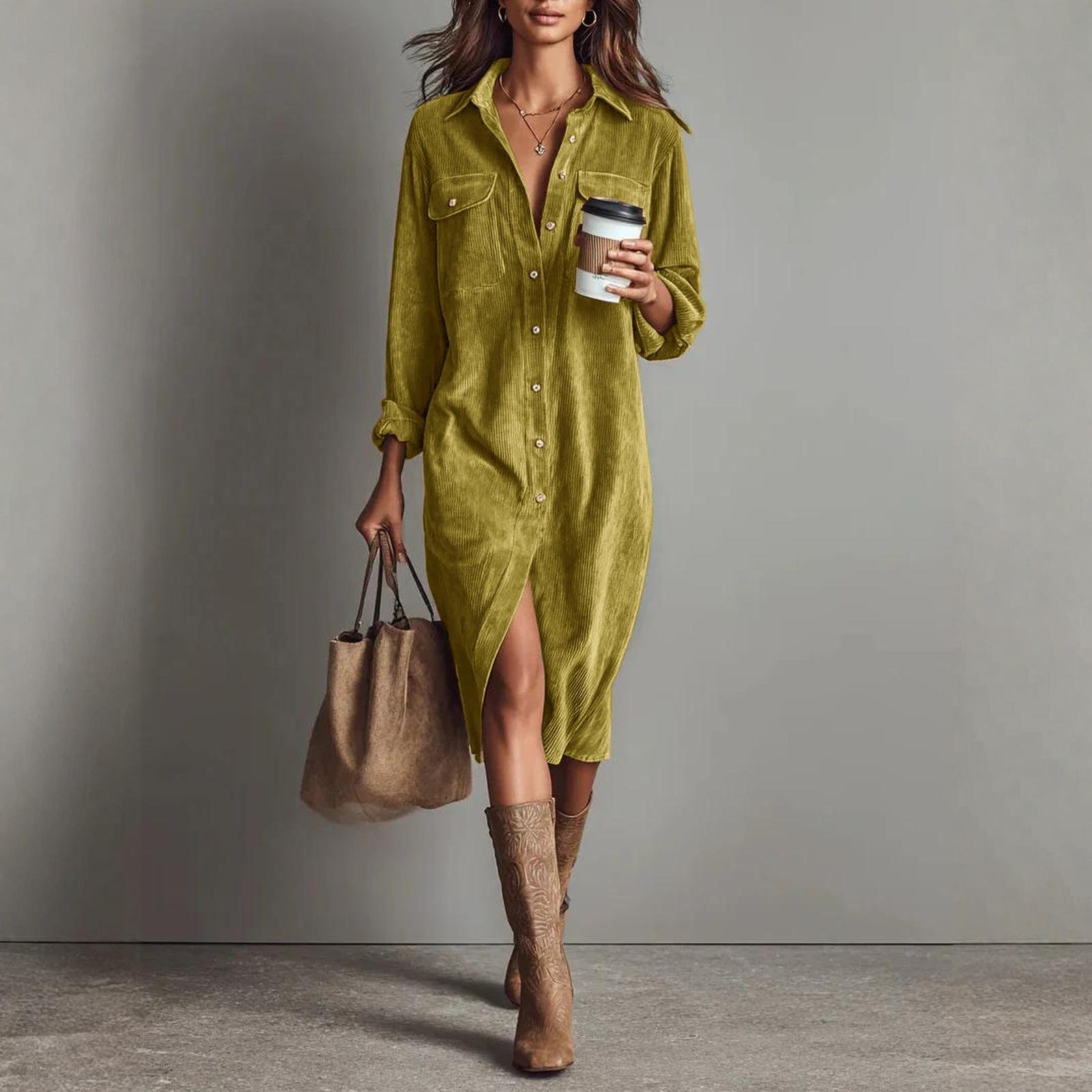 Dammode Casual Enfärgad Manchesterväst Långärmad Klänning Med Slagskjorta, Lös Lång Kjol M brown