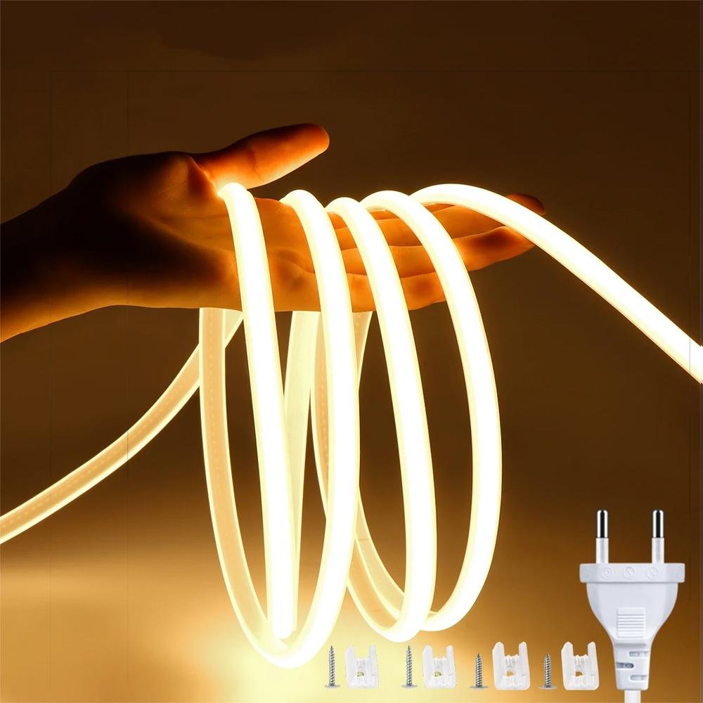 220V COB LED Strip Light EU Power Plug IP67 Spännefixering LED Strip-lampa Flexibel COB Linjär Light Bar 3000K 4000K 6000K 1-21m 3M varmvit färg