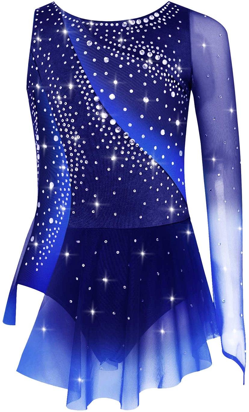 Flickor Konståkning Dansklänning Asymmetrisk Slits Glänsande Strass Kontrastfärg Elegant Outfit 11-12 Years marinblå färg