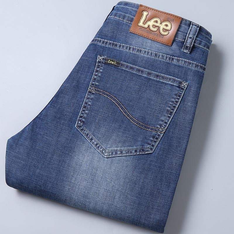 Lee Herrtjocka Elastiska Jeans med Raka Ben för Höst/Vinter - Casual Slim Fit för Medelålders Affärsstil 37 blå