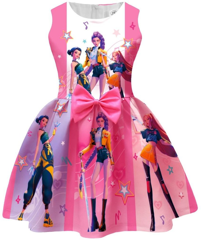 Barn Flickor Film POP Rumi Zoey Mira Tryck Ärmlös Rosett Casual Fest Prinsessklänning 140cm pink
