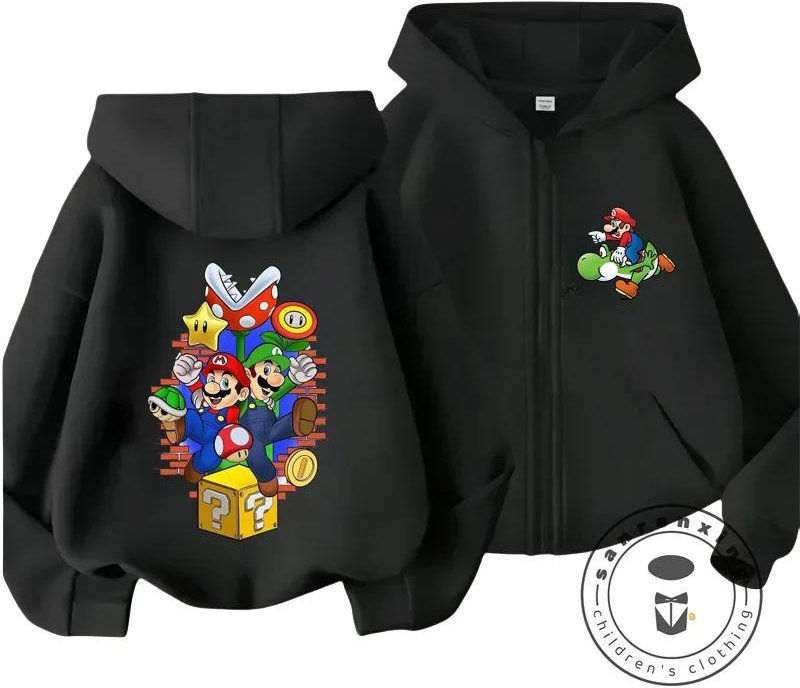 Barns Mario Zip-up Hoodie med Retro Speltryck, Lämplig för Utomhus Casual Stil, Bekväm och Prisvärd Streetwear 130 black