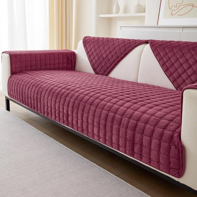 Enfärgad halkfri sofföverdrag Tjocka mjuk plysch soffa Kudde handduk för vardagsrumsmöbler Inredning Slipcovers Sofföverdrag 90x210cm hallon