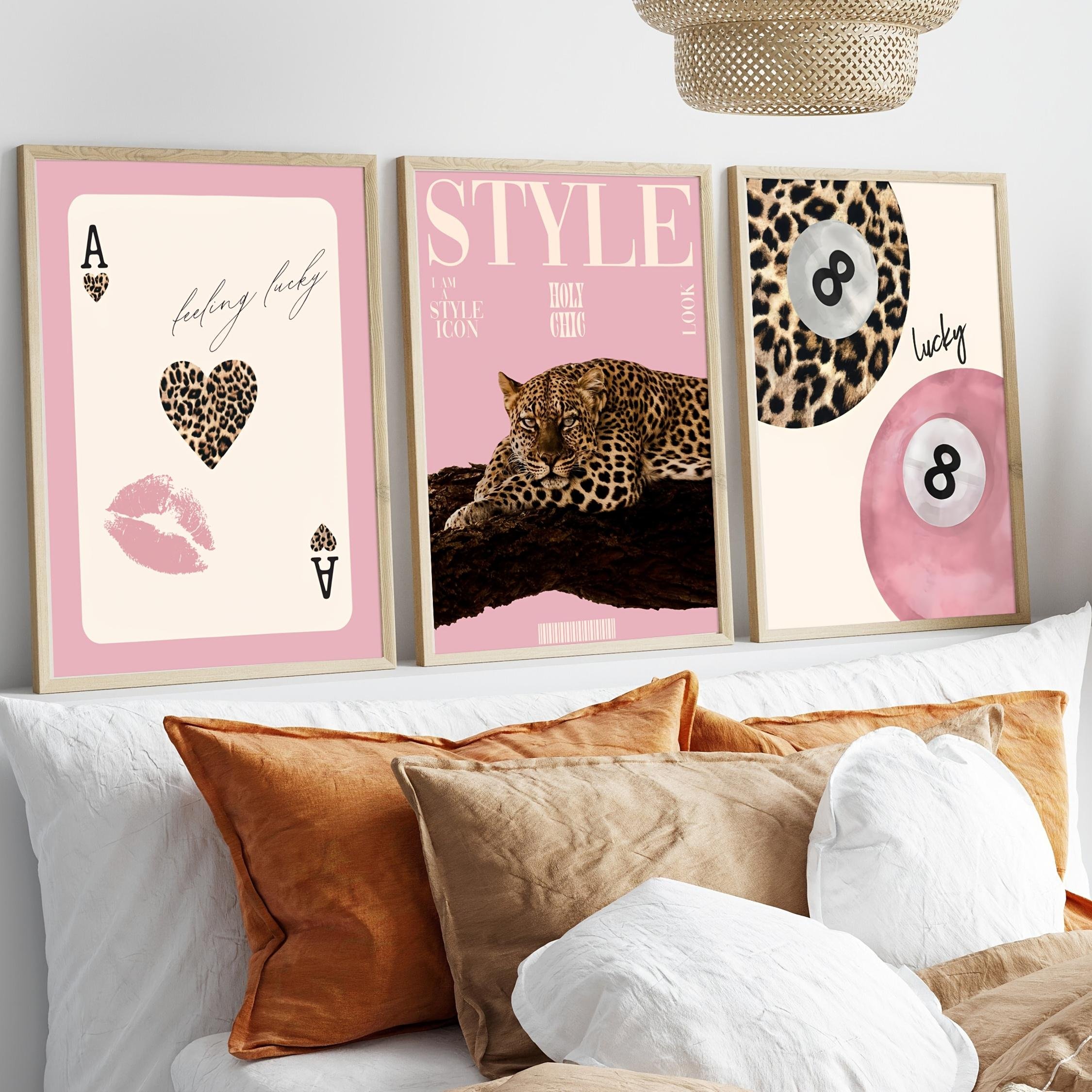 3 st/set Mode Leopard & Gepard Canvasprint Rosa Flicka Lycklig 8-boll Väggkonst Affisch för Modernt Vardagsrum Heminredning Gåvor 60X90CM No Framed