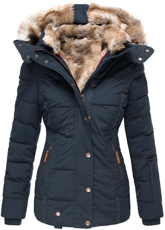 Dam vinter varm pälskrage jacka dragkedja Långärmad Slim Fit jacka Huvkappa XS blå