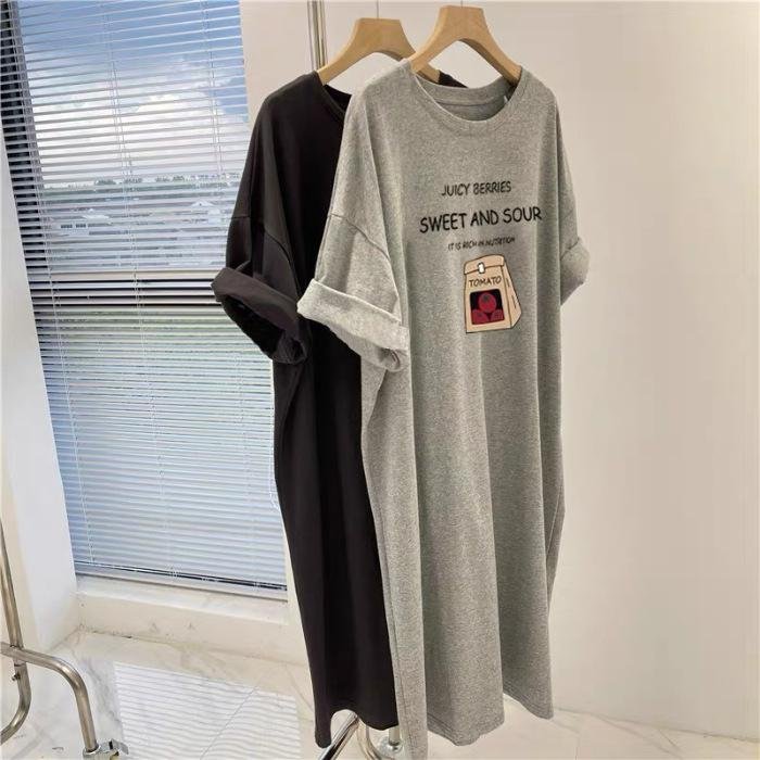 Plus Size Retro Chic Kortärmad T-shirt Klänning Dam Lös Mellanlång Öppen Klänning M grå färg