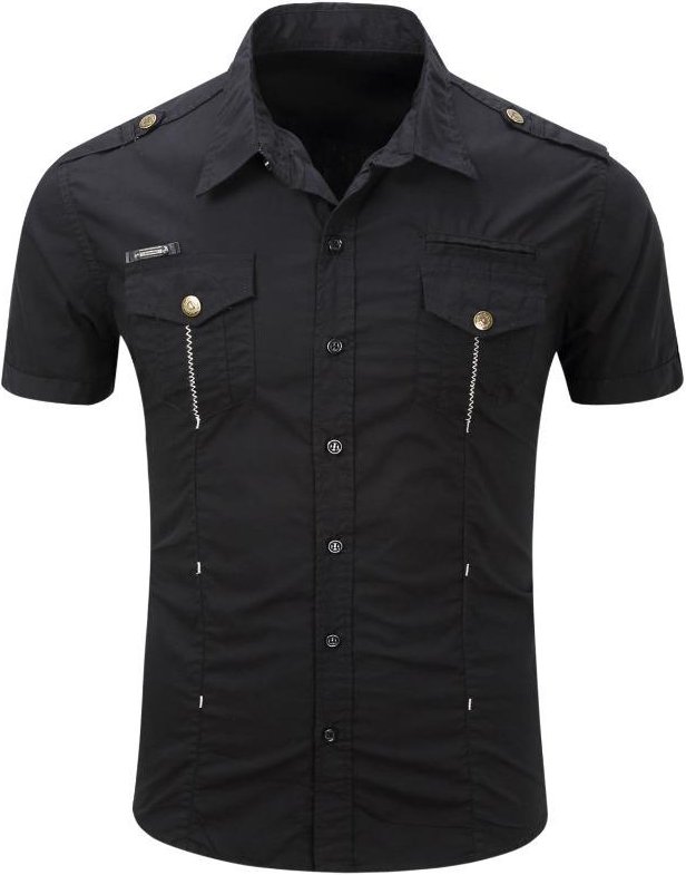 Ny Mode 2026 Herr Casual 100% Bomull Militär Taktisk Skjorta Sommar Kortärmad Enfärgad Cargo Arbetskläder med Ficka XXXL black