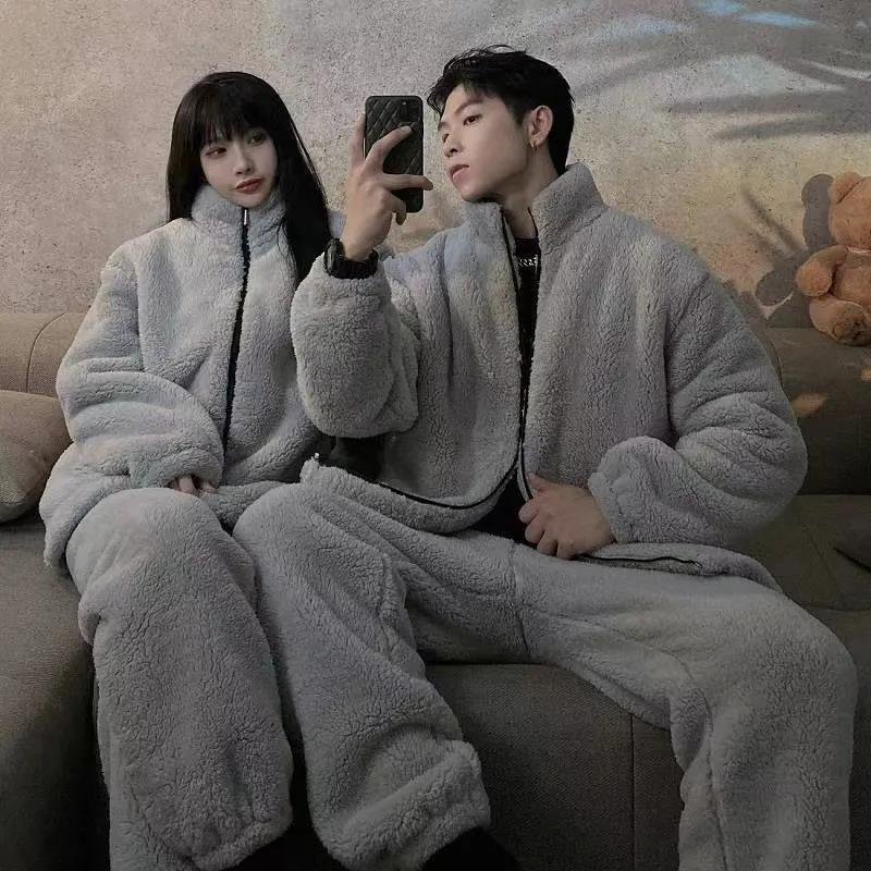 Herr Pyjamasset Vinter Tjock Varm Flanell Pyjamas 2 delar/Set Långärmade nattkläder Hemkläder Casual Pijamas XXL