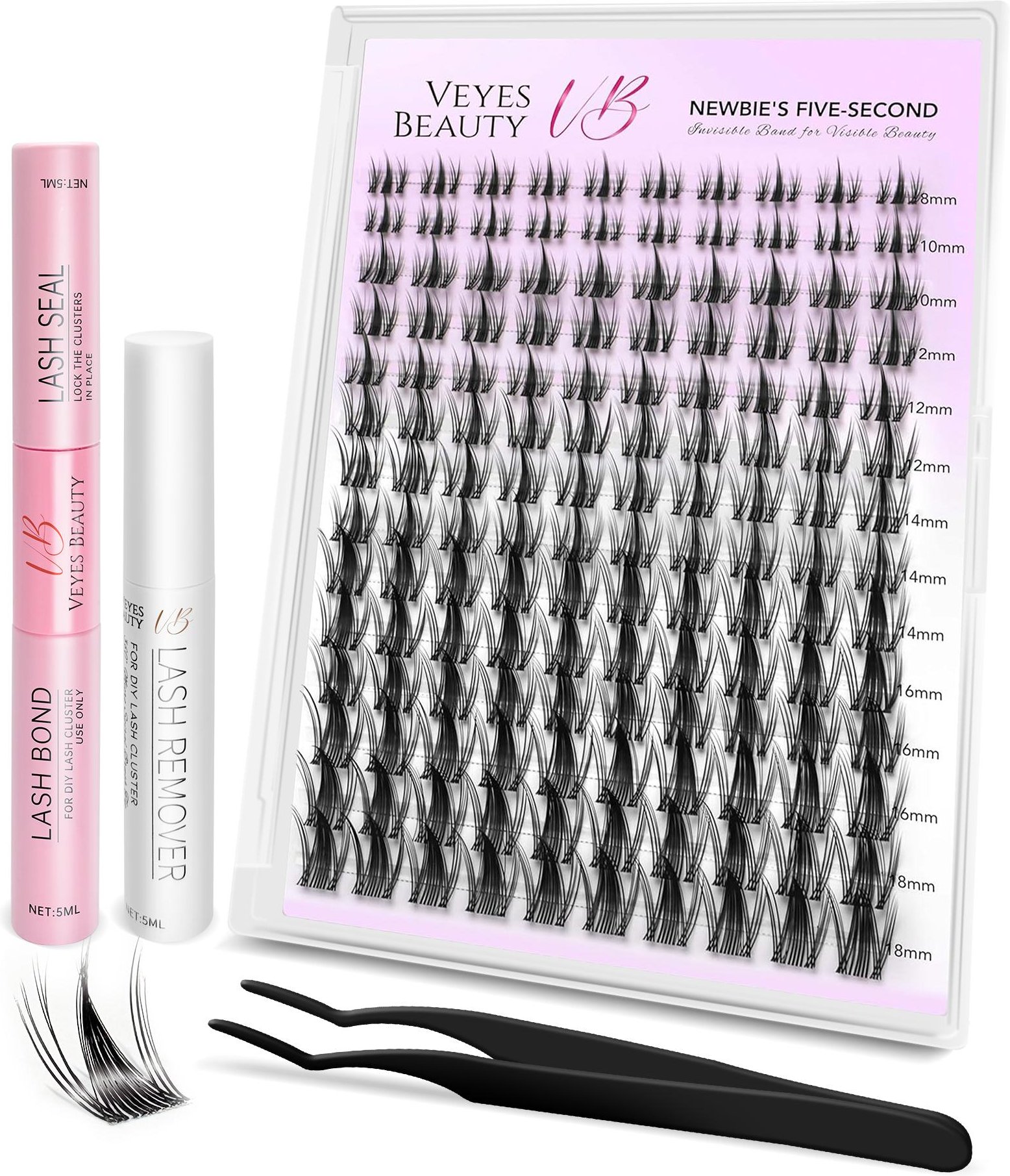 Veyesbeauty Manga Lash Clusters Dramatic Look Dynamic Volume Osynligt Band Långvarigt & Återanvändbart 140 Clusters 8-18mm Lash Kit svart