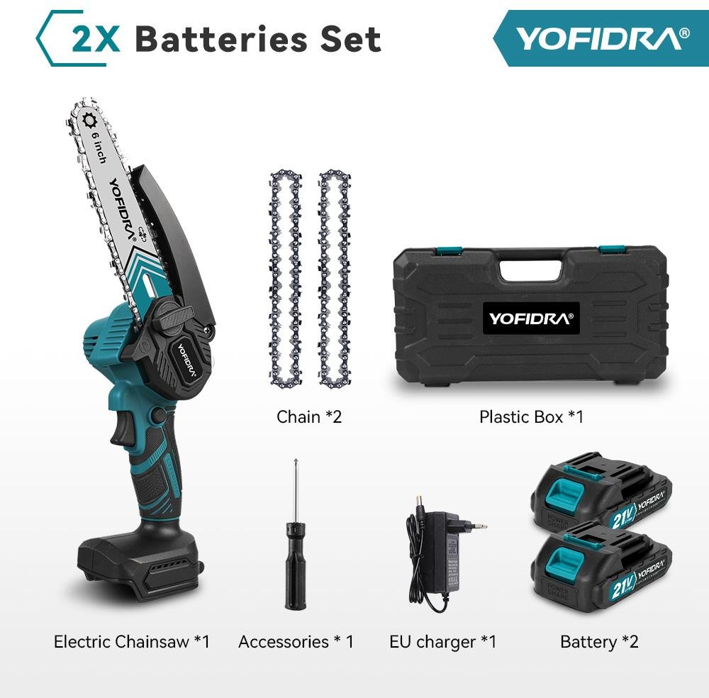 YOFIDRA 6-tums Motorsåg Sladdlös Elektrisk Såg Träbearbetning Trädgårdsbeskärning Motorsåg Kraftverktyg För Makita 21V Batteri Pin With 2 Battery EU Plug