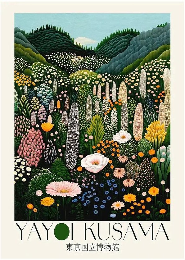 Japansk Yayoi Kusama-inspirerad Botanisk Tokyo Museum Japandi Färgstark Blommig Canvasmålning Väggkonst för Heminredning 20x30cm