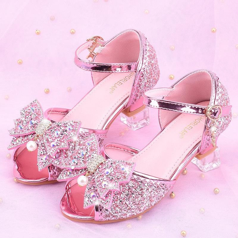 Barn Prinsessandaler Barn Flickor Bröllopsskor Högklackade Klänningsskor Fluga Lila Rosa Blå Silver Skor för Flickor 33 rosa