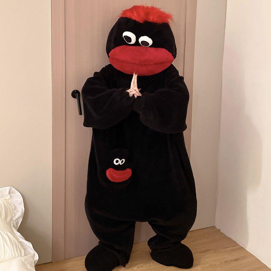 Stor Mun Monster Plysch Fleece Helkroppspajama - Förtjockad, Varm och Rolig L gray
