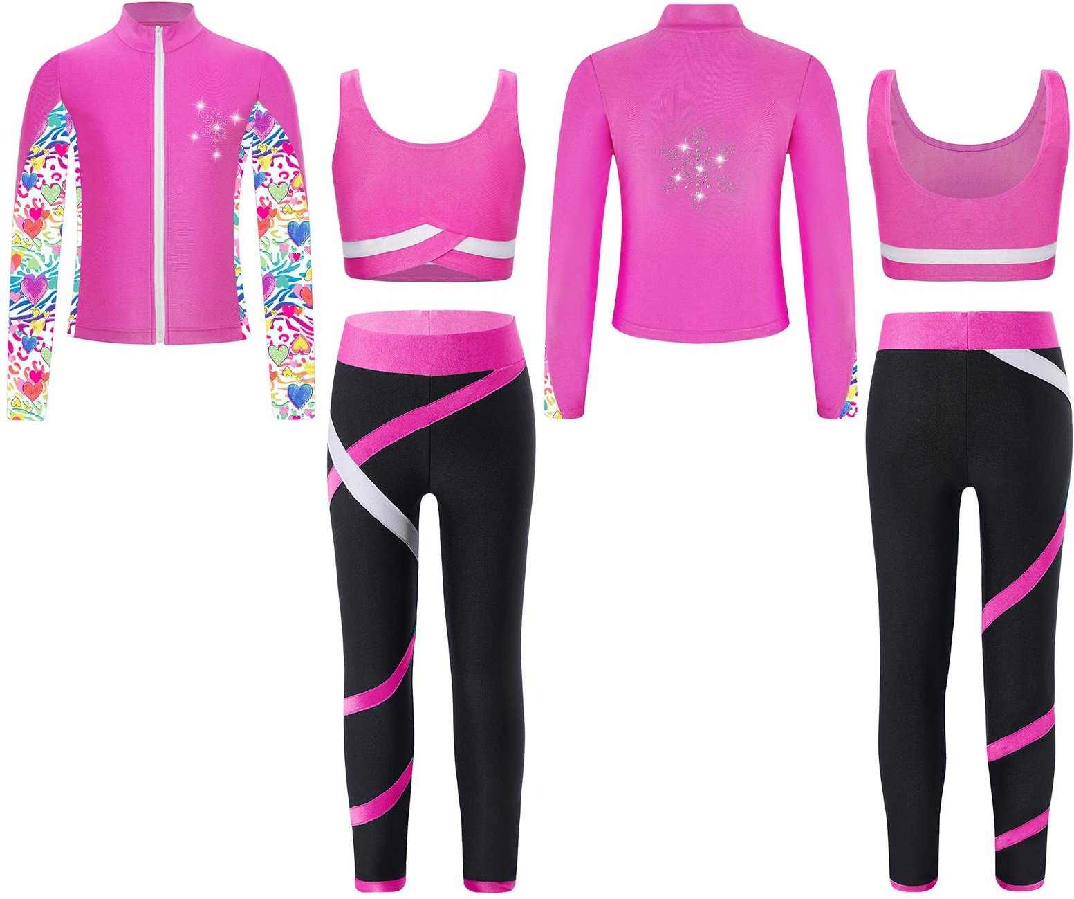 Barn 3 delar flicka Sport Dans outfit Crop linne med atletiska leggings och långärmad jacka set träningsoverall 5-6 Years varm rosa färg