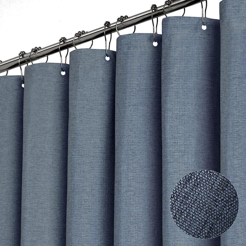 Lyxig linneduschdraperi med silvermetallkrokar Badrum Vattentät tjockt tyg Badkarsgardiner Badkar Stort badskydd W200xH220cm marinblå färg