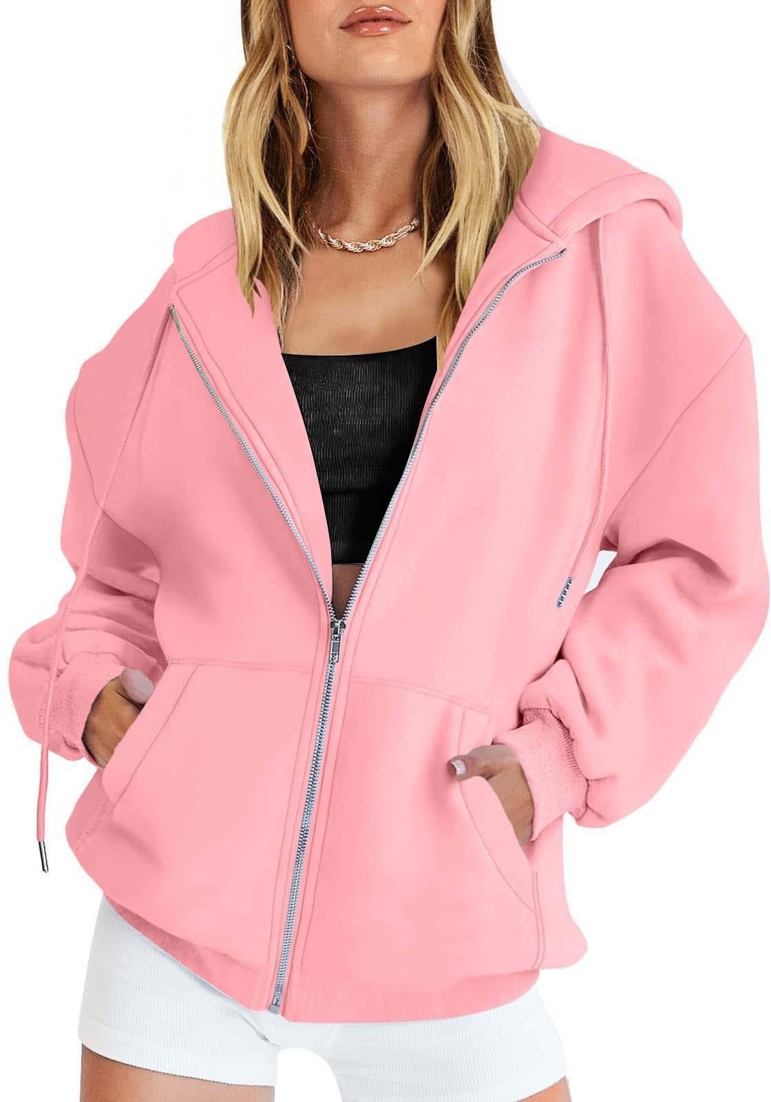 Dam Höstmode Dragkedja Hoodie Långärmad Huvtröja Casual Enfärgad Topp med Fickor XXXL rosa