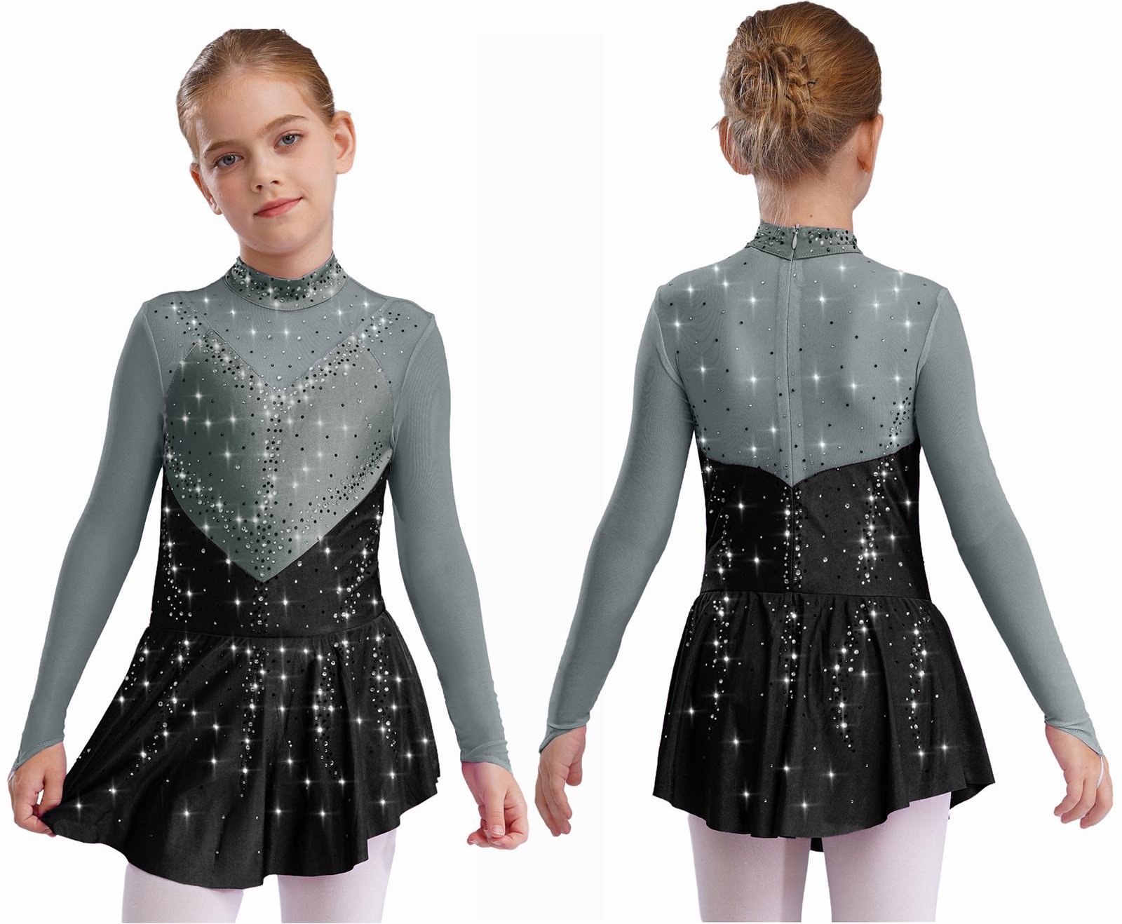 Flickor Barn Konståkning Dansklänning Balettdräkt Danskläder Mock Neck Långärmad Färgblock Genomskinlig Mesh Strass Klänning 5-6 Years grå färg/svart