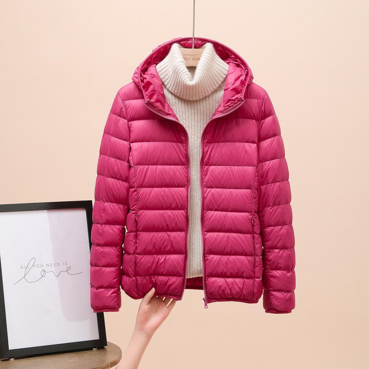 Damkläder Ultralätt dunjacka Dam Vinter Varm Kappa Lätta Varma Jackor Dam Huvförsedd Parka XXL rosa röd färg