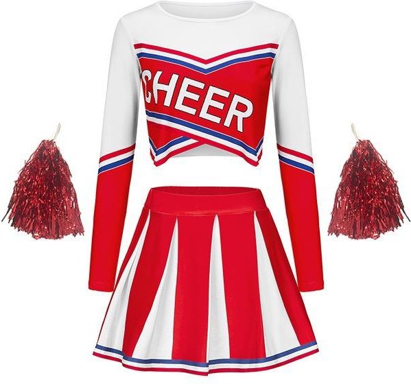 Zombie Cheerleading-uniform Dam Långärmad Cheerleader Prestationsöverdel Kort Kjold Tofsar Halloween Skol Elev Kostym M