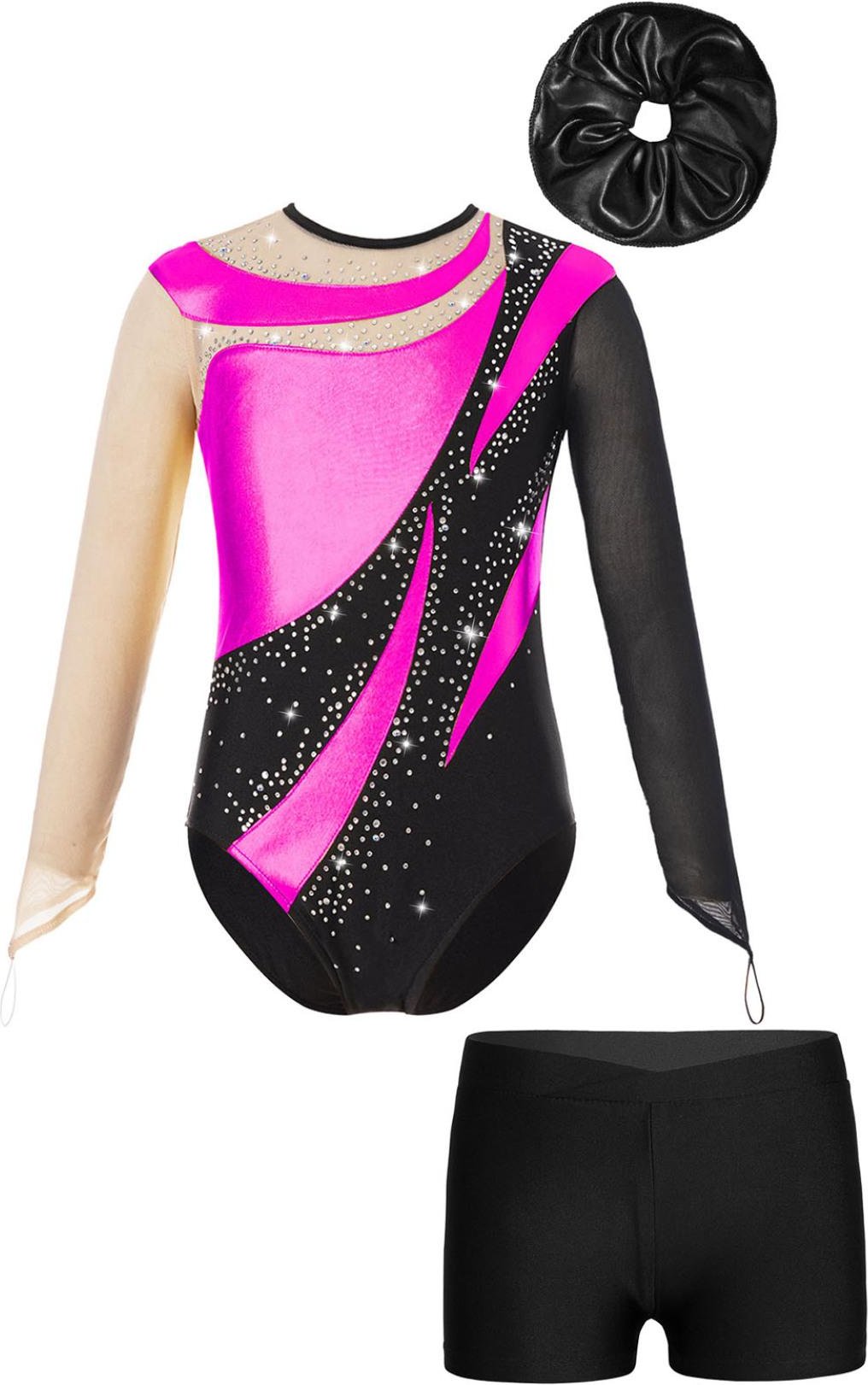 Barn Flickor Gymnastic Performance Outfit Mesh Långärmad Nyckelhål Rygg Glänsande Leotard med V-framkant Midjeband Shorts Hårband 13-14 Years