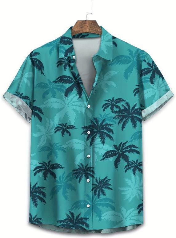 Herr sommar mode enkel kortärmad knappad casual skjorta med kokospalmstryck, moderiktig och mångsidig L blue