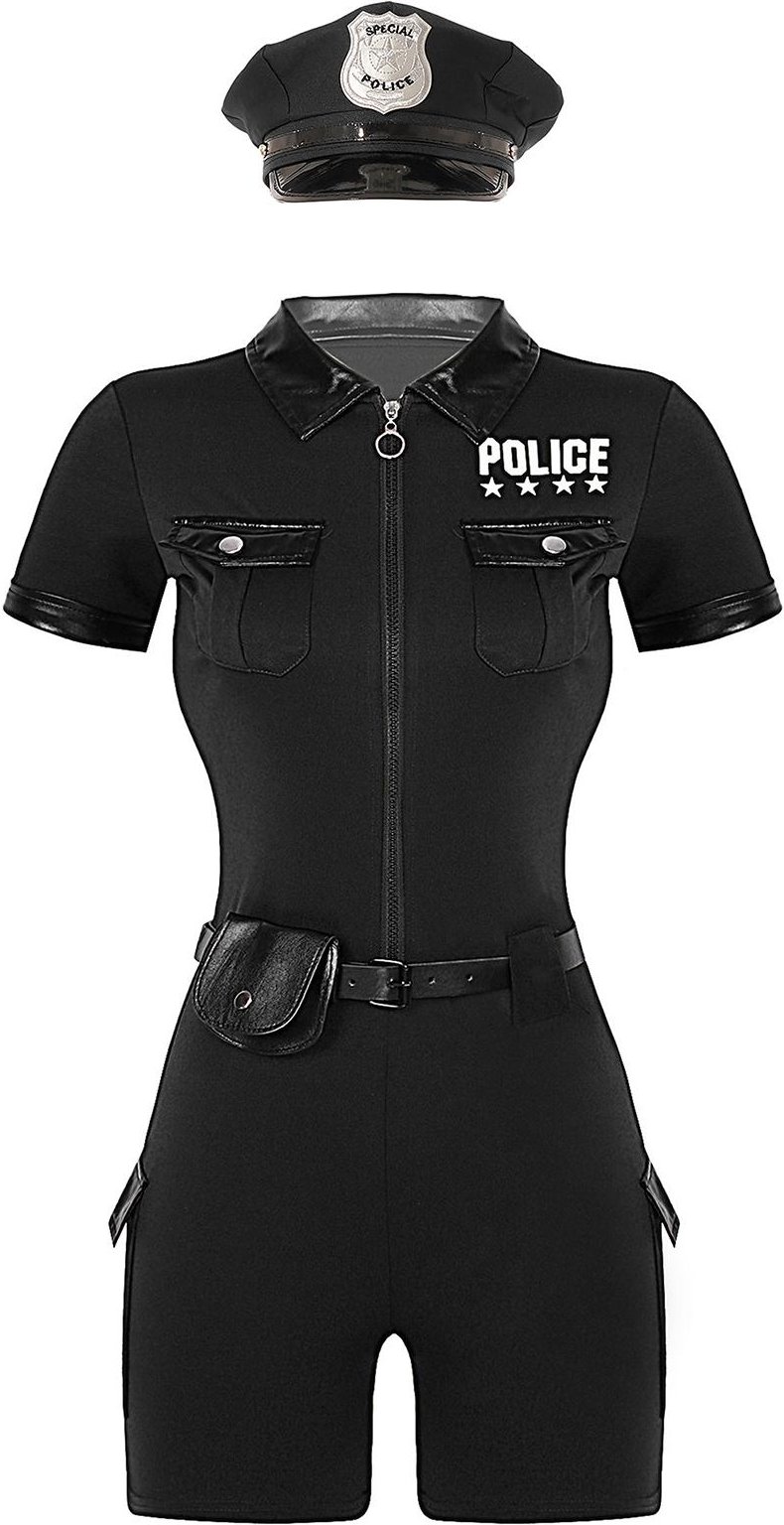 Dam Polisrollspel Kostym 4-delat Set Kortärmad Jumpsuit med Dragkedja Bälte Väska Hatt M svart
