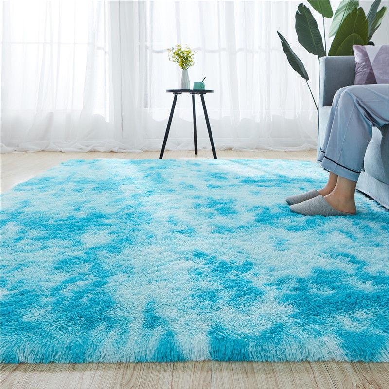 Modern Gradient Tie-Dye Matta i Silke och Ull, Smutsavvisande, Halkfri, Lättskött för Stora Ytor 160 x 200 cm blå