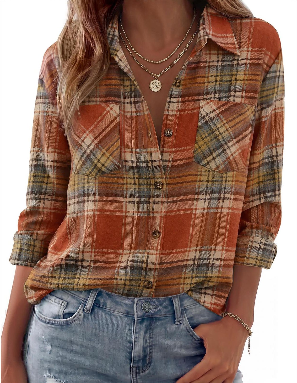 Dam Casual Rutig Långärmad Reverskrage Cardigan Skjorta L brown