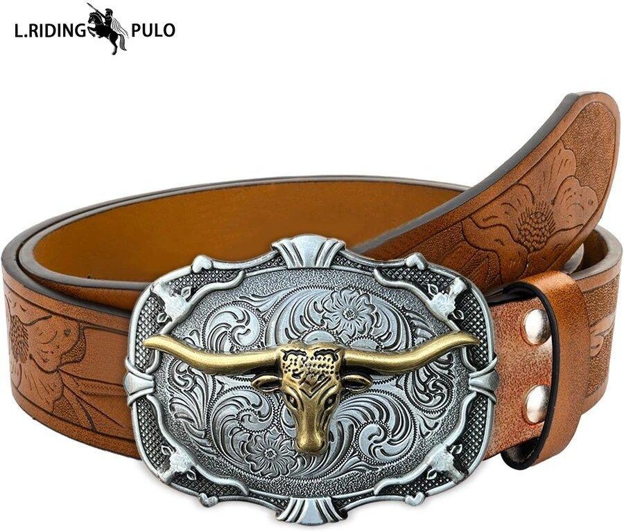 Herr Västlig Cowboybälte Tjurskalle Spänne Retro Präglat Läderbälte Trend 125cm gray