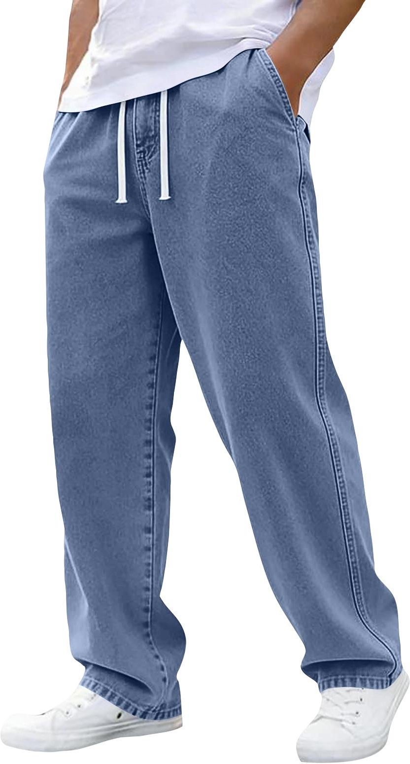 Herrjeans med resår i midjan och dragsko Casual Avslappnad passform Raka byxor för vardagsbruk M blå