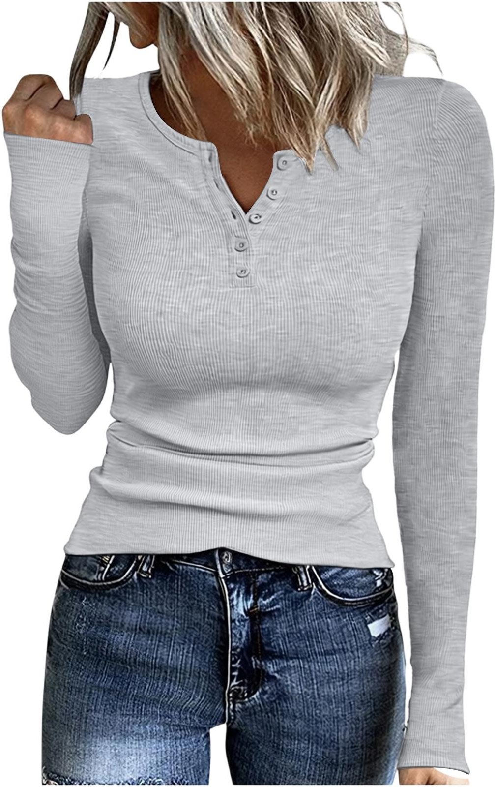 Långärmade tröjor för kvinnor Henley Ribbstickade damtröjor Casual toppar Basplagg höst för kvinnor T-shirts för kvinnor M gray
