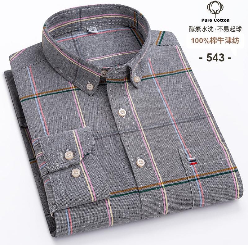 100% Bomull Oxford Herrskjortor Lång Ärm Rutig Mjuk Normal Passform Formell Klänningsskjorta Ficka Social Blus Herrkläder S-7XL XL