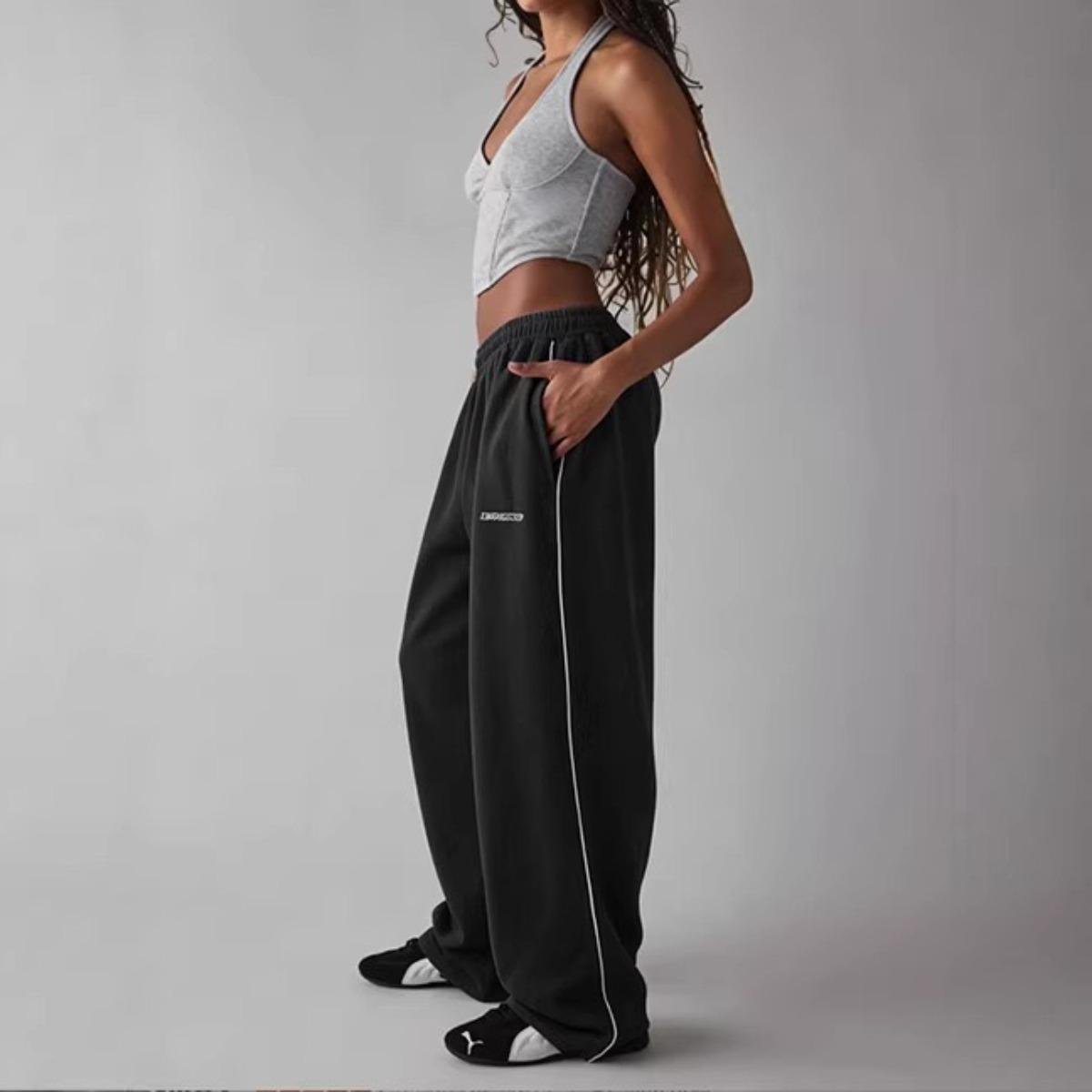 ZYLLO Retro Y2K Baggy Byxor Mode Dam Ficka Elastisk Midja Vida Ben Byxor Casual Streetwear Träningsbyxor Byxor L white