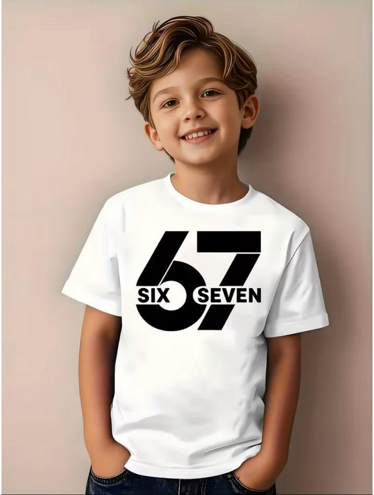 Roliga Tecknade 67 Tryck Barn T-shirts Sommar Mode Kortärmad Casual Rundhalsad Toppar för Pojkar och Flickor T-shirts Topp 160 beige