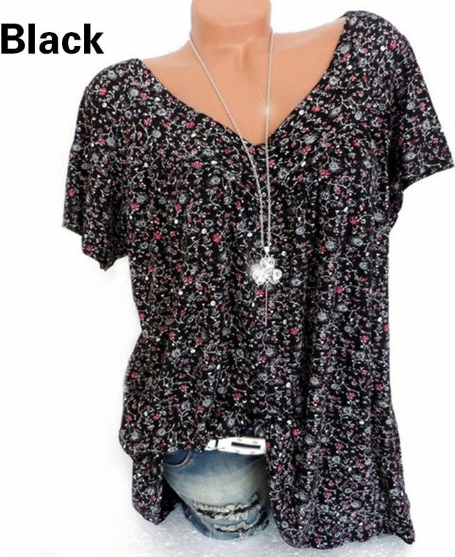Kvinnor Lös tryckt kortärmad V-ringad Top T-shirt Casual Plus Size Summer 3XL svart