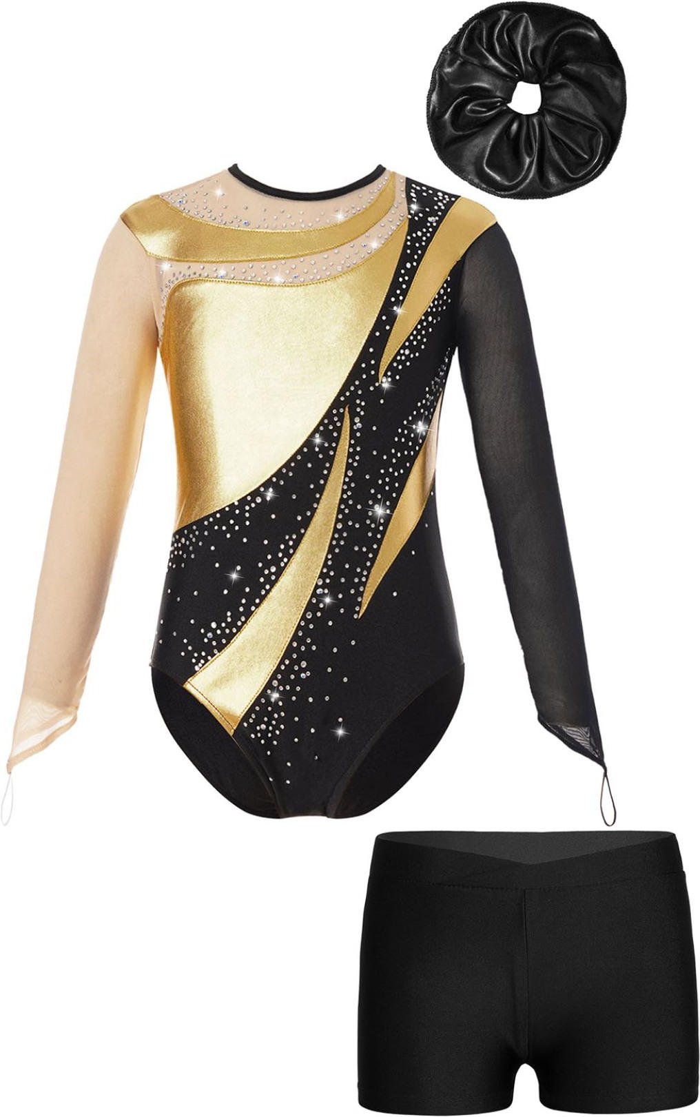 Barn Flickor Gymnastic Performance Outfit Mesh Långärmad Nyckelhål Rygg Glänsande Leotard med V-framkant Midjeband Shorts Hårband 9-10 Years gyllene/svart