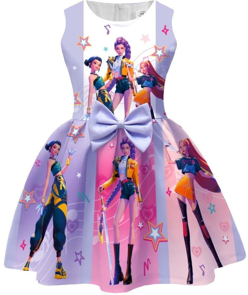 Barn Flickor Film POP Rumi Zoey Mira Tryck Ärmlös Rosett Casual Fest Prinsessklänning 150cm violett