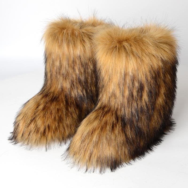 Damstövlar i fuskpäls, vinter, fluffiga, plyschiga, varma, halvhöga vadstövlar, moderiktiga, lurviga stövlar, bekväma utomhusskor, platta skor 36 beige