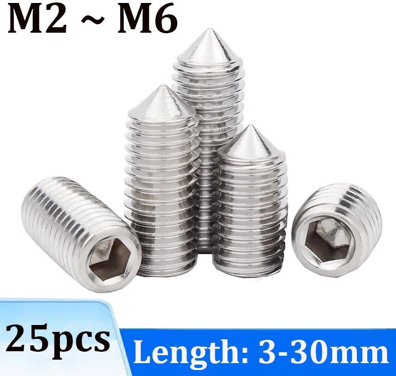 25 st Insexkantsskruv med konspets M2 M3 M4 M5 M6 304 Rostfritt stål DIN914 M6-20mm
