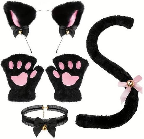 4 st/set Kattdräkt Cosplay Tillbehörsset Plyschmaterial Kattöra Pannband Bell Halsband Klohandskar Svansset svart