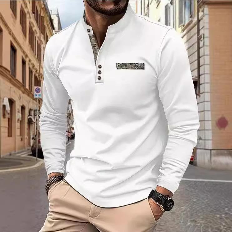 Herr vår och höst herr ståkrage pikétröja avslappnad sport långärmad Henley-tröja 4XL vit