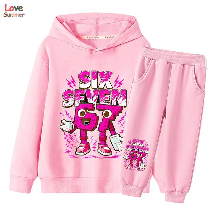 67 Six Seven hoodie byxa 2 st pojkar flickor Italian Brainrot Barn Flicka Sweatshirt 2 st Kostym Hoody Baby Casual Träningsdräkt 130CM white