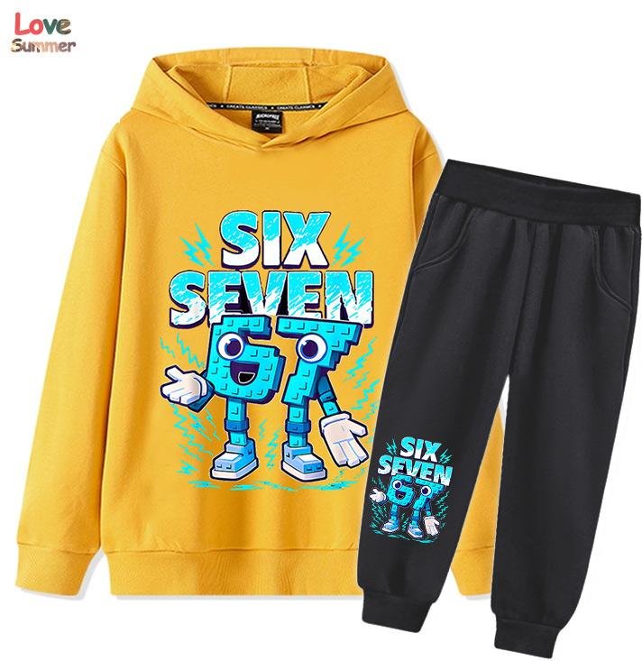 67 Six Seven hoodie byxa 2 st pojkar flickor Italian Brainrot Barn Flicka Sweatshirt 2 st Kostym Hoody Baby Casual Träningsdräkt 140CM yellow
