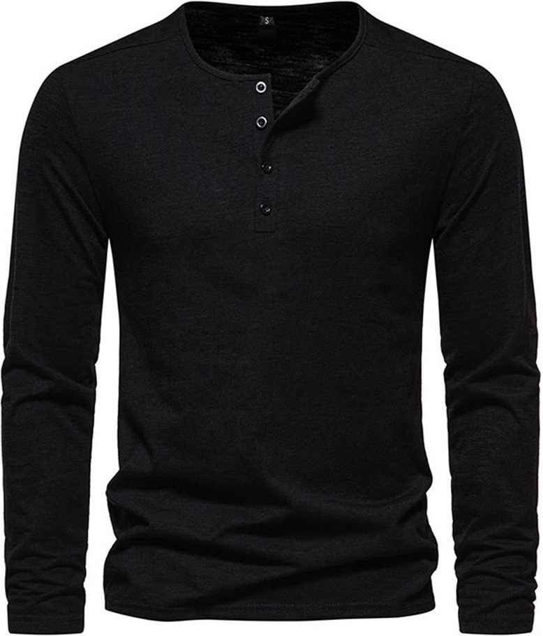 Långärmad t-shirt för män i bomull Slim Fit bottentröja Fitness Toppar T-shirts Knapphals Casual Mysig t-shirt XXL black