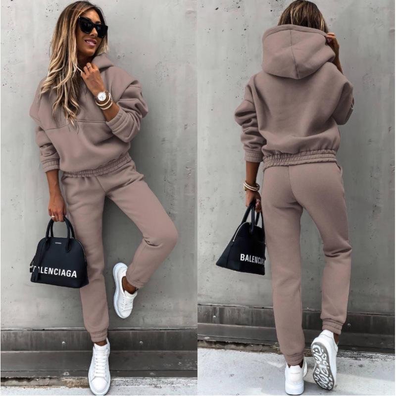 Ny Höst- och Vintermode Fleece Huvtröja Lös Långärmad Sweatshirt och Långbyxor Casual och Sportig Tvådelad Set 2XL kamel